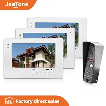 

JeaTone 7" Wired Manual Key Video Door Phone Intercom System One 1200TVL Outdoor Camera Night Vision with 3 Monitor Unlocking