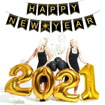 

2021 Happy New Year Foil Balloons Photo Booth Frame Props Balloons Gold Black Banner Garland Navidad New Year Eve Party Supplies