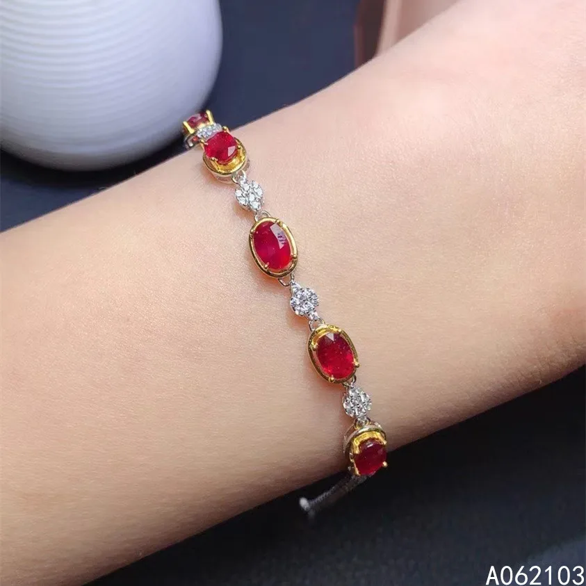 

KJJEAXCMY Fine Jewelry 925 Sterling Silver Inlaid Natural Ruby Women's Fashion Trendy Oval Gem Hand Bracelet Support Detection