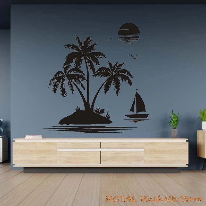 Resort Seashore Sticker Island With Palm Ship Seagull Silhouettes Home Decor Vinyl Decal Coconut Tree