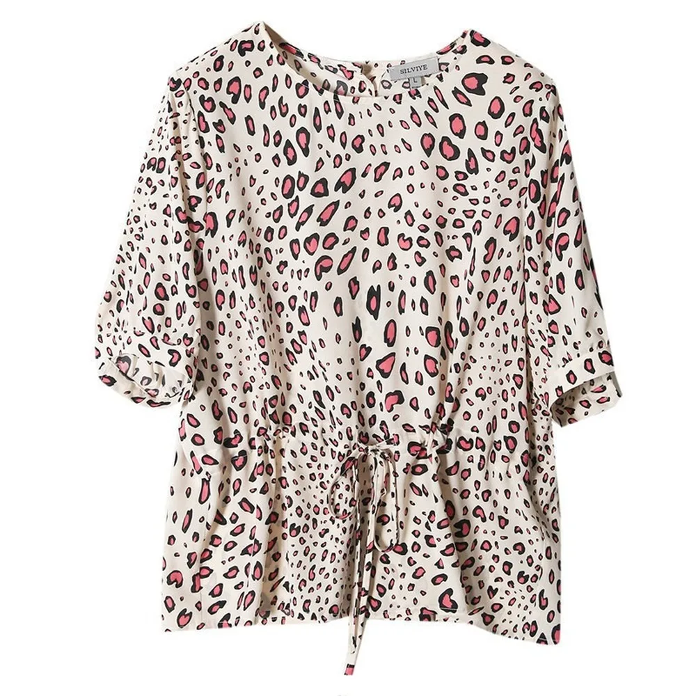 Rose red leopard print silk round neck top women's