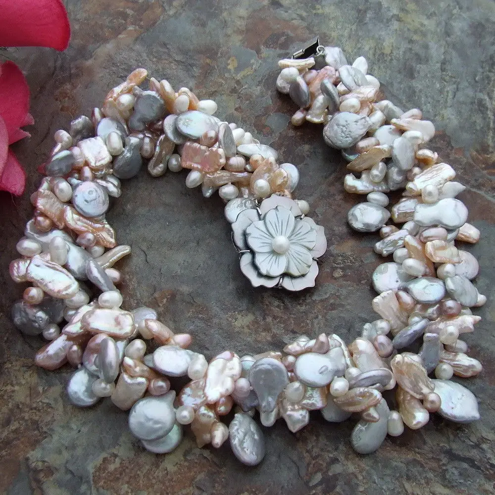 

FC102607 4 Strands Gray Coin Pearl Biwa Pearl Necklace 19