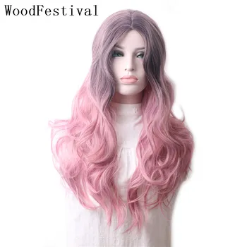 

WoodFestival Women's Wigs for Women Heat Resistant Female Ladies Colored Curly Brown Ombre Pink Cosplay Synthetic Wig Long Hair