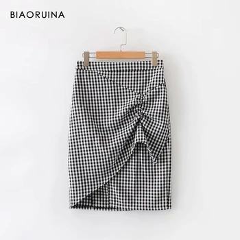 

BIAORUINA Women's Balck&White Plaid Pencil Skirt Side Zipper Female Fashion Fold Decoration High Waist Skirt Knee Length