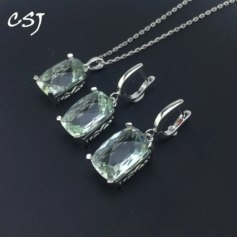 

CSJ Natural Green Amethyst Jewelry Sets 925 Sterling Silver For Women Lady Wedding Engagment Party Gift Box Sets