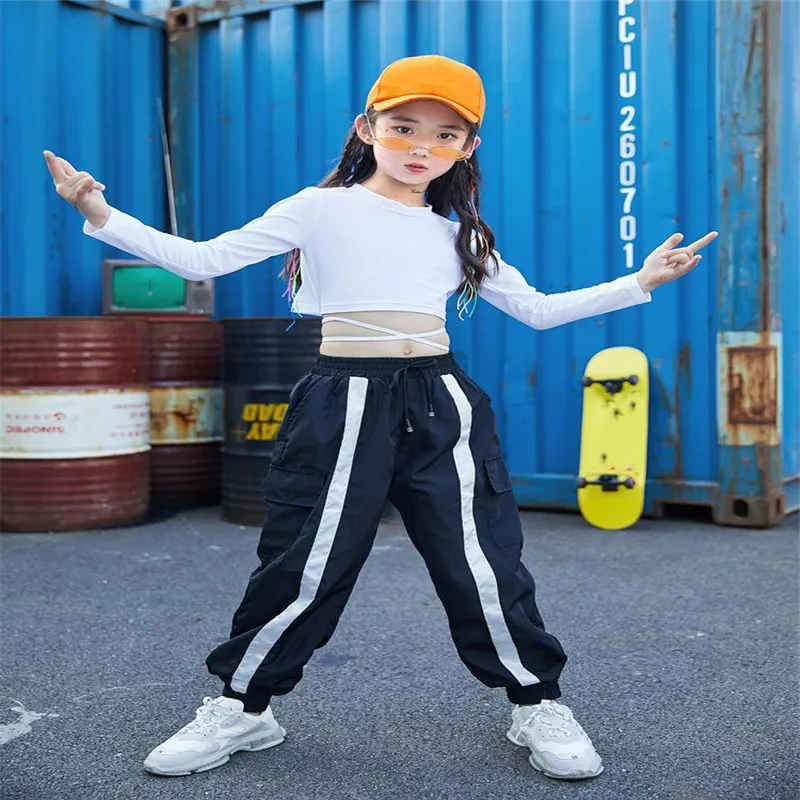 Kid Cool Hip Hop Clothing White Sweatshirt Shirt Top Crop Causal Pants for Girl Jazz Ballroom Dance Costume Clothes Wear 4-16T (2)
