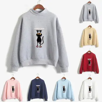 

Women O-Neck Solid Color Cat Pattern Long Sleeve Plus Velvet Sweatshirt