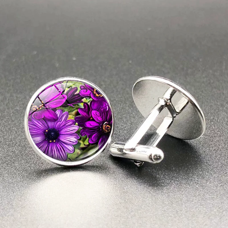 

Purple Flowers Cufflinks Vintage Trend Bump Glass Fashion Classic Cufflinks