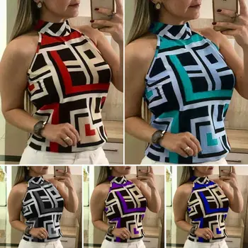 

Ladies Summer Sleeveless T-shirts Casual Slim Halter Neck T-shirts Tops Simple Print Women Tees 2020 New Feminino T-shirts Tops