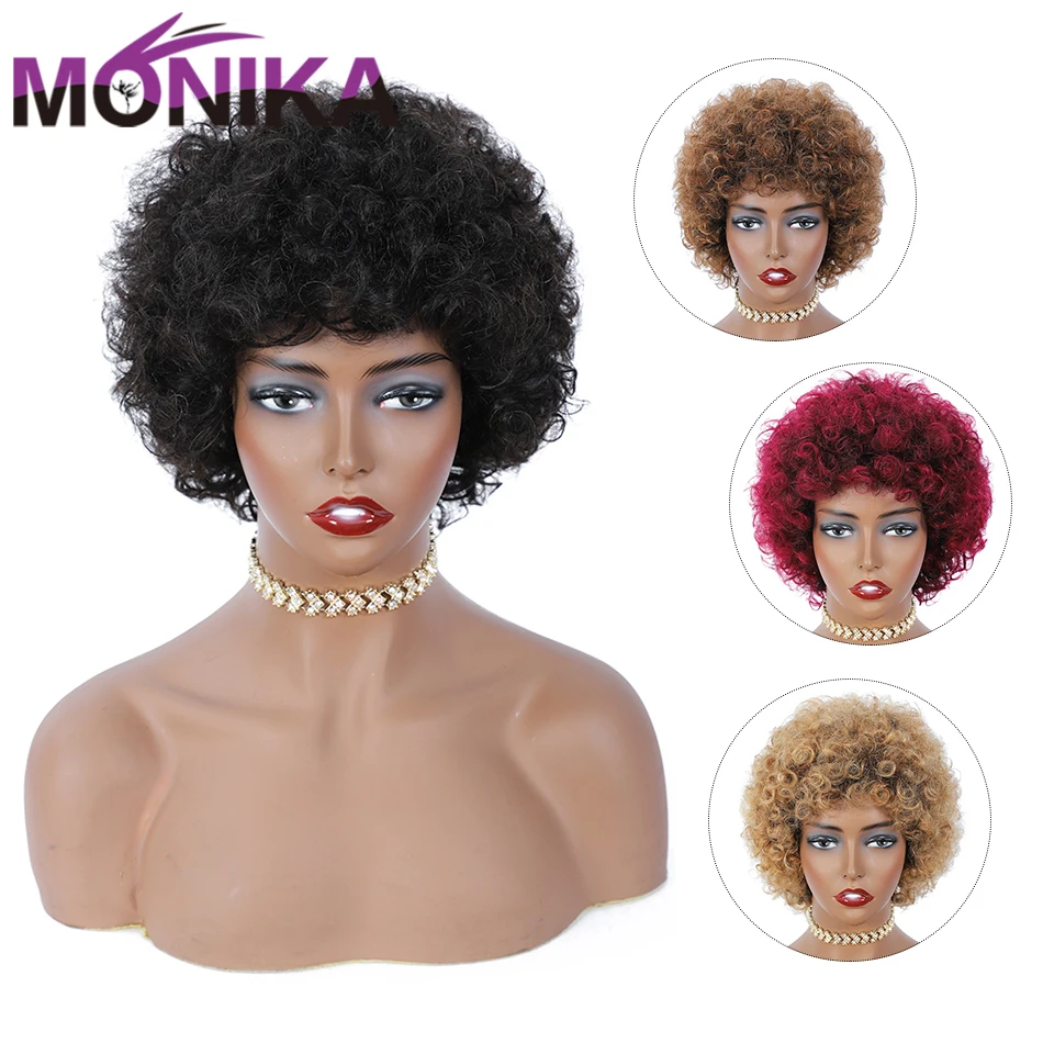 Human-Hair-Wigs Short Afro Curly Monika Black-Women Brazilian Bangs Natural-Black 