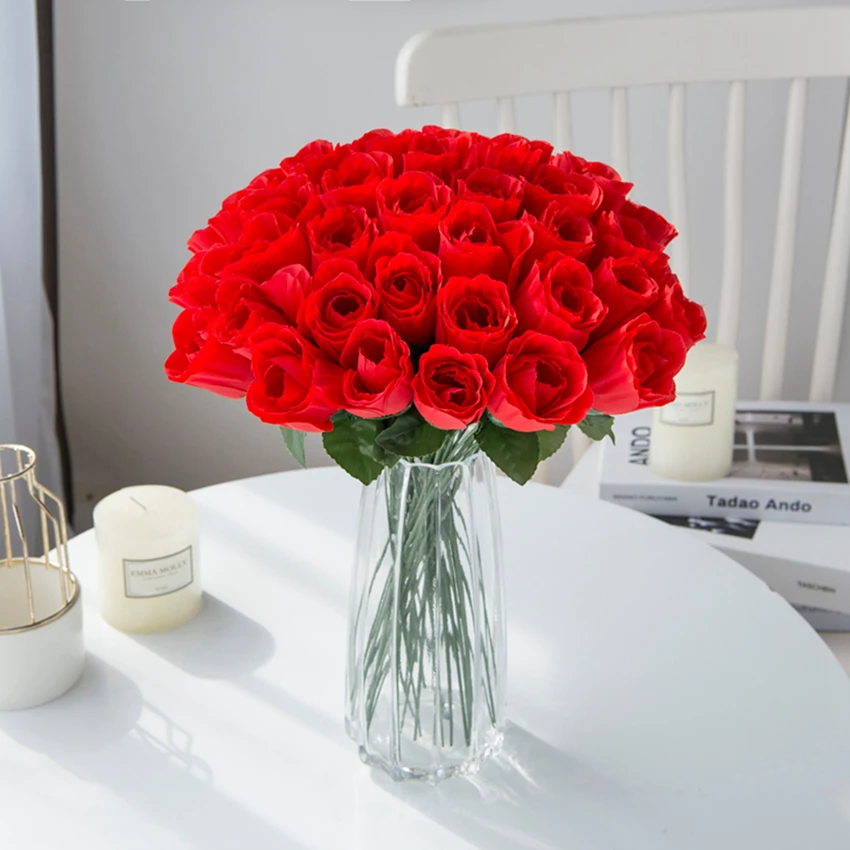 Red Roses Bouquet Vase for Home Decor Garden Wedding Decorative Wreaths Diy Handwork Flower Arrangement Artificial Flowers 10Pcs