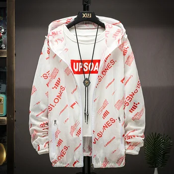 

Men Plus size zipper jackets coats 2020 Summer Breathable prints splicing Sunscreen Thin Hooded Coats Men's Travel jacket coats