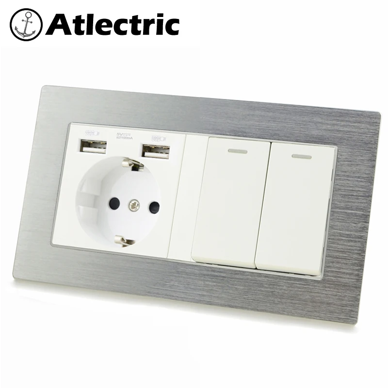 

Atlectric DE EU RU Plug Power Socket USB Port 1 2 3 4 Gang Lamp Light Button Switch Double Socket Metal Outlet 146mm*86mm