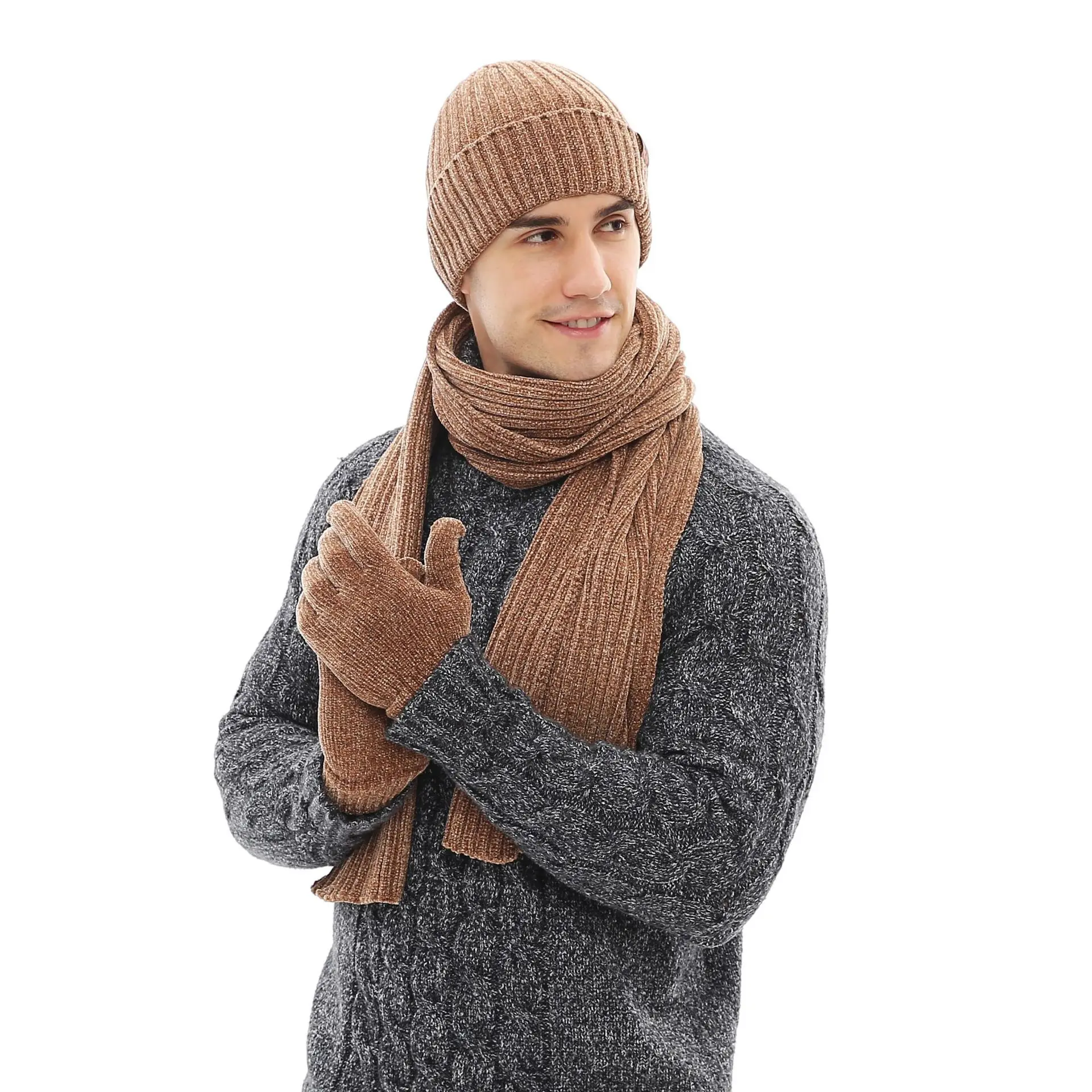 

Fashion Men's wool three-piece mixed color knit hat scarf gloves set scarf and hat set mink cap scarf hat set scarf hat