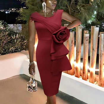 

Red Rose Flower Ruffles Party Dress Women Elegant Sleeveless Bodycon Plus Size Dresses Back Zipper African Ladies Midi Vestidos