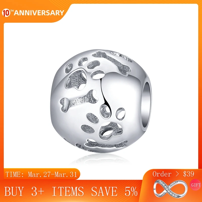 

CodeMonkey Openwork Pattern Pets' Footprint Round Beads for Women 925 Sterling Silver Charm fit Original Bracelet DIY Jewelry