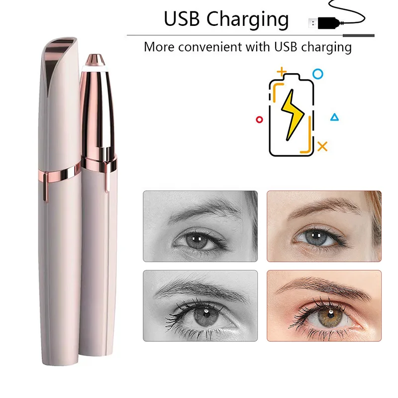 

USB Electric Eyebrow Trimmer Lipstick Brows Pen Hair Remove Painless Eye brow Razor Epilator with LED Light OPP Package
