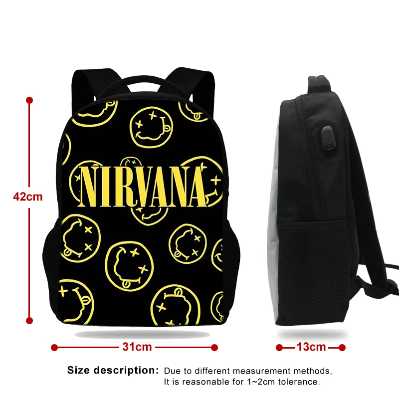 17 дюймов мужской Nirvana рюкзак для колледжа USB зарядное устройство школьный рюкзак для ноутбука Рюкзаки для подростков школьные сумки для мальчиков и девочек