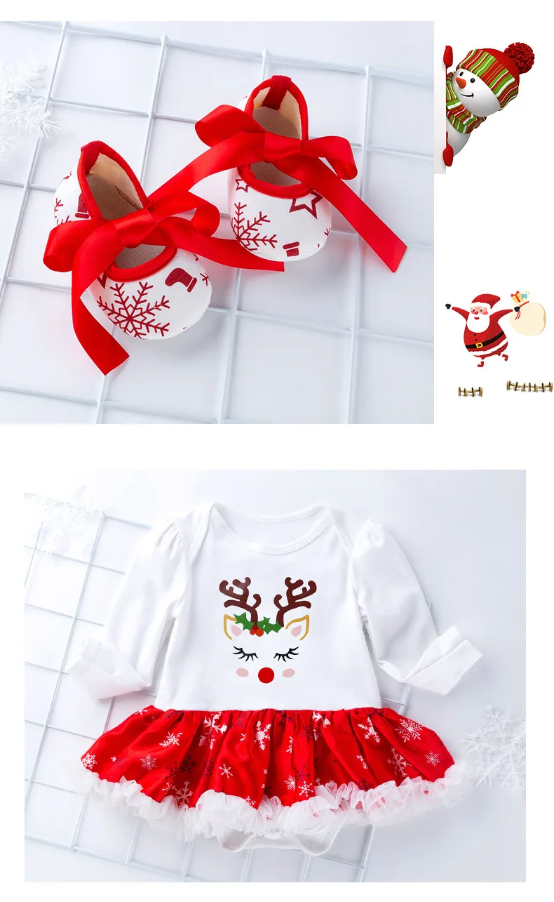 Infant Christmas Clothes 3pcs Sets Short Sleeves Baby Girls Clothes Newborn Rompers+Headband+Shoes New Year Gift Party Costumes