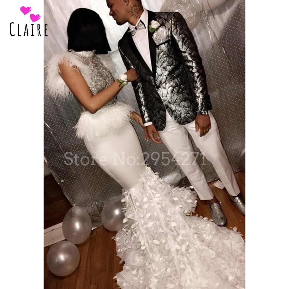 

Prom Dresses For Women Plus Size White Mermaid Long Evening Dresses High Neck Feathers Silver Lace robe de soiree CP128