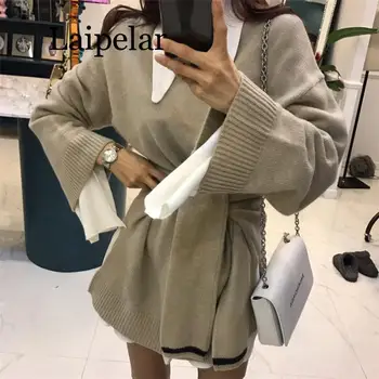 

Autumn Casual Knitted All-Match Basic Loose Lace Up Office Ladies Patchwork High Quality Full-Sleeved Pullovers Sweaters