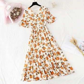 

Bohemia Midi Dress Women 2020 Summer Vintage Floral Print Ruffles Chiffon Dress Short sleeve V-neck Holiday Dressees Vestidos