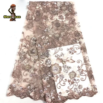 

Nigerian lace fabric 2020 gold color embroidery african french tulle lace fabric with sequins for party dress