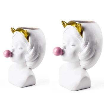 

White Resin Vase Flower Pot Cute Catwoman Human Head Flower Vases Basket Pen Brushes Holder Home Decoration