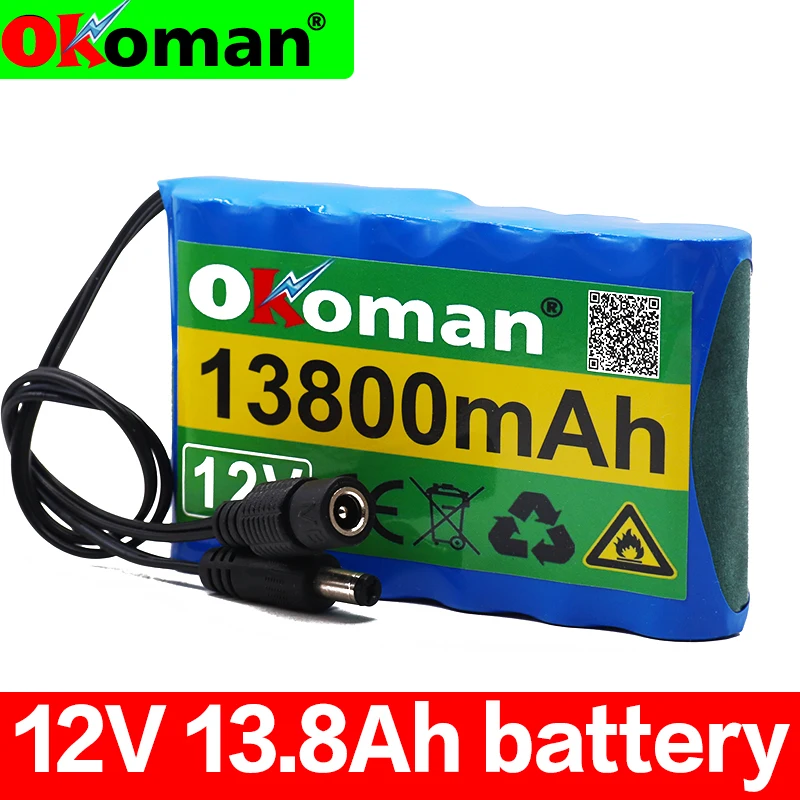 

100% original 12V battery pack 13.8Ah 18650 Rechargeable Lithium Ion battery pack capacity DC 12.6V 13800mAh CCTV Cam Monitor