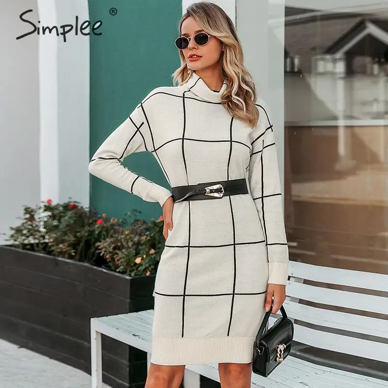 Simplee Elegant women knitted dress Long sleeve turtleneck plaid dress Winter office lady straight chic pullover sweater dress Simplee Elegant women knitted dress Long sleeve turtleneck plaid dress Winter office lady straight chic pullover sweater dress