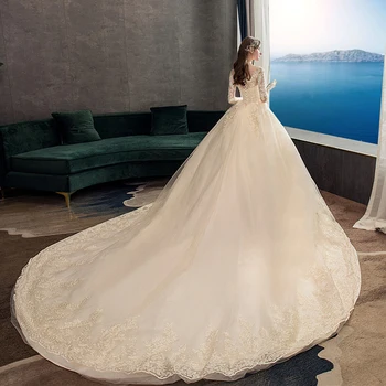

2020 New Luxury Full Sleeve Muslim Lace Wedding Dresses With Big Train Ball Gown Wedding Dress Vestido De Noiva D50