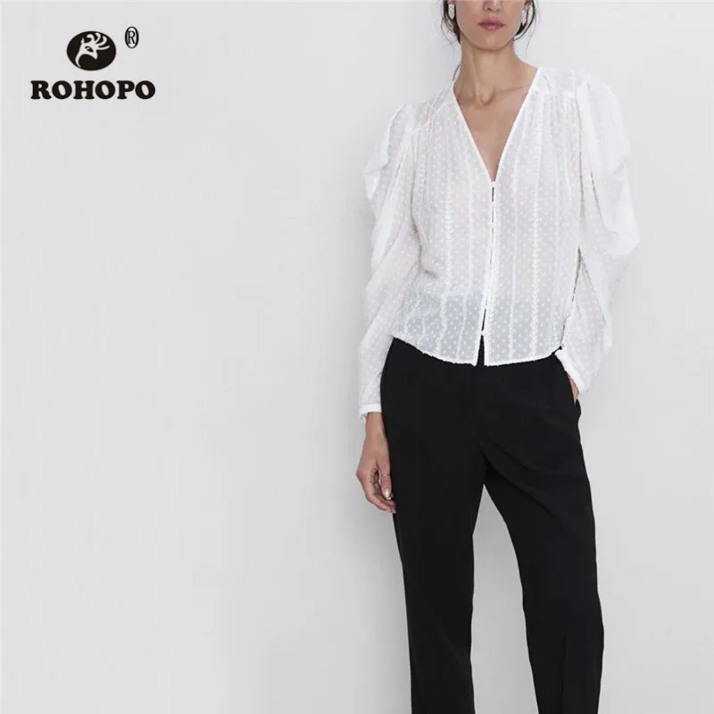 

ROHOPO Long Puff Sleeve Embroidery Polk Dot Tulle White Blouse V Collar Buttons Fly Semi Transparent Chic Tops Shirt #2300