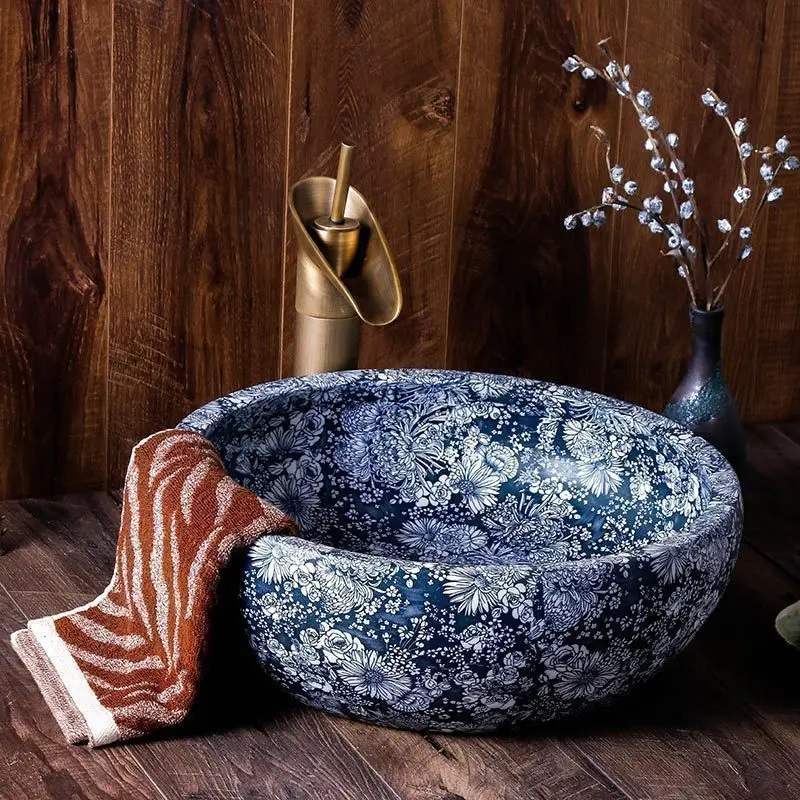 Blue white Europe style chinese wash basin vessel sinks Jingdezhen Art Counter Top ceramic basin sink round bowl wash