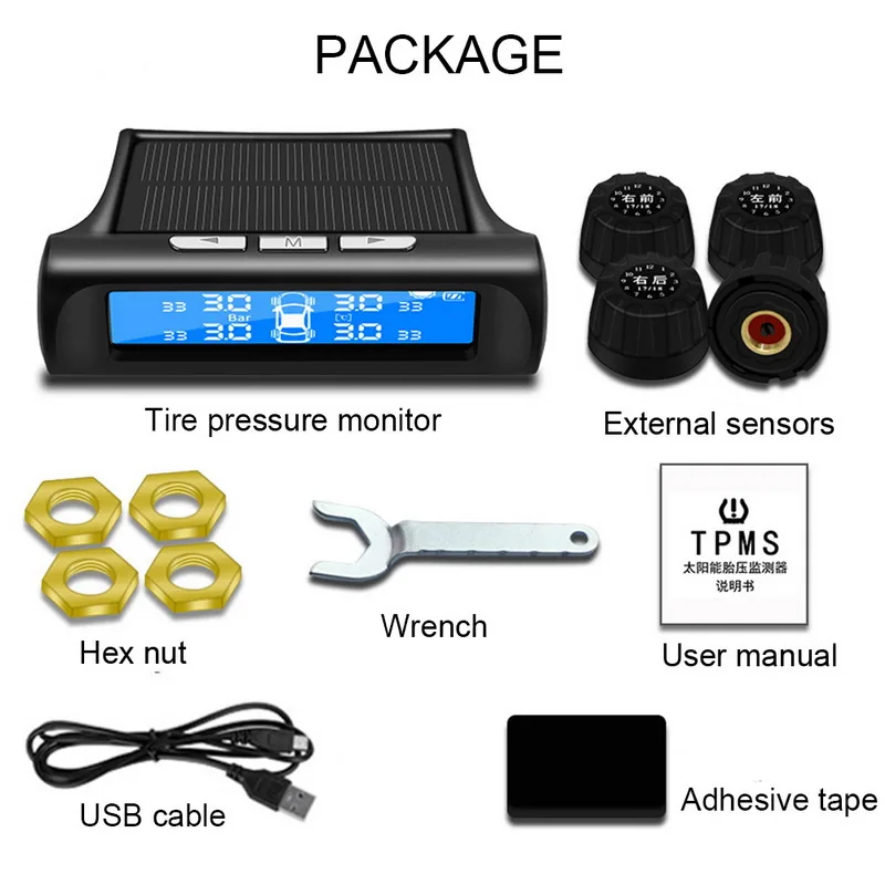 

4 Sensor Auto Alarm System Car TPMS Tire Pressure Monitoring System Wireless Solar Charging HD Digital LCD Display