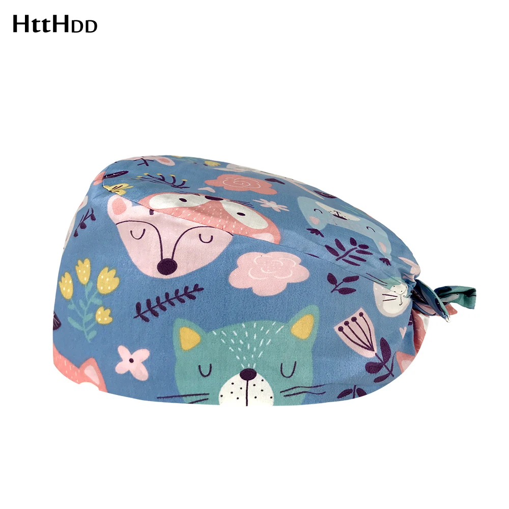 

Hot sell adjustable Elastic Bule background Animal Cartoons print scrub cap beauty salon Health Testing Institute work scrub hat