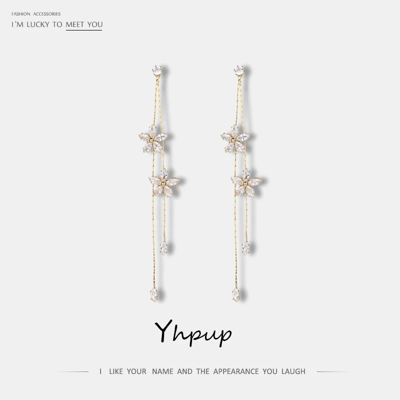 

Yhpup New Trendy Temperament Heart Flower Bling Cubic Zirconia Long Chain Dangle Earrings Charm Geometric Pendientes Mujer Moda