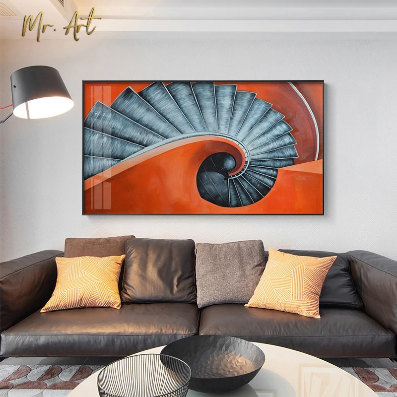 

Creative Abstract Architecture Orange Stairs Canvas Painting Modern Color Blocks Wall Art Pictures for Living Room Home Decor
