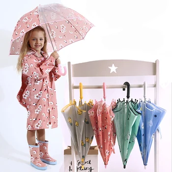 

Transparent Long Handle Cartoon Printed Umbrellas Kids Children's Rain Umbrella Sunscreen Umbrellas Boy Girl Outdoor Rain Gear
