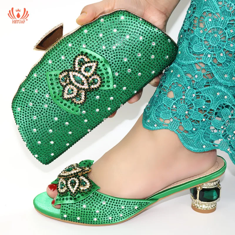 

Matching Italian Shoe and Bag Set Decorated with Rhinestone African Shoe and Bag Set for Party Women Italy Green Color High Heel