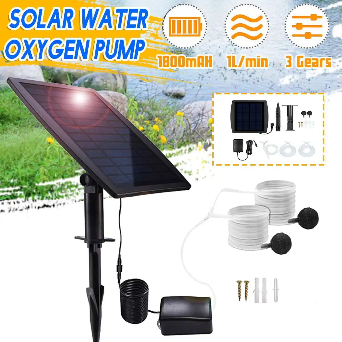 Solar Powered Oxygenator Oxygen Aerator Fish Tank Pond Pool Aquarium Air Pump Garden Fountain Water Pump New