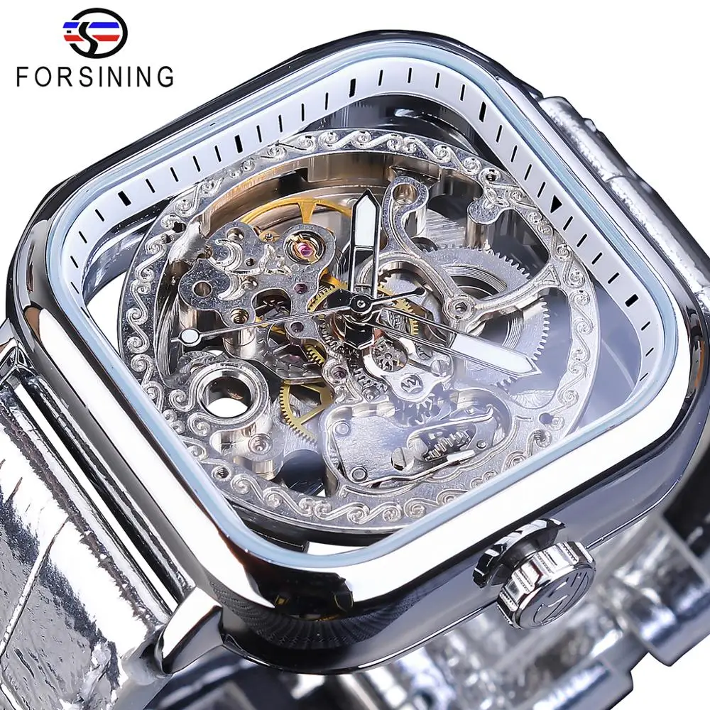 Forsining White Silver Flower Transparent Gear Movement Mens Automatic Skeleton Wrist Watches Top Brand Luxury Mechanical Clock