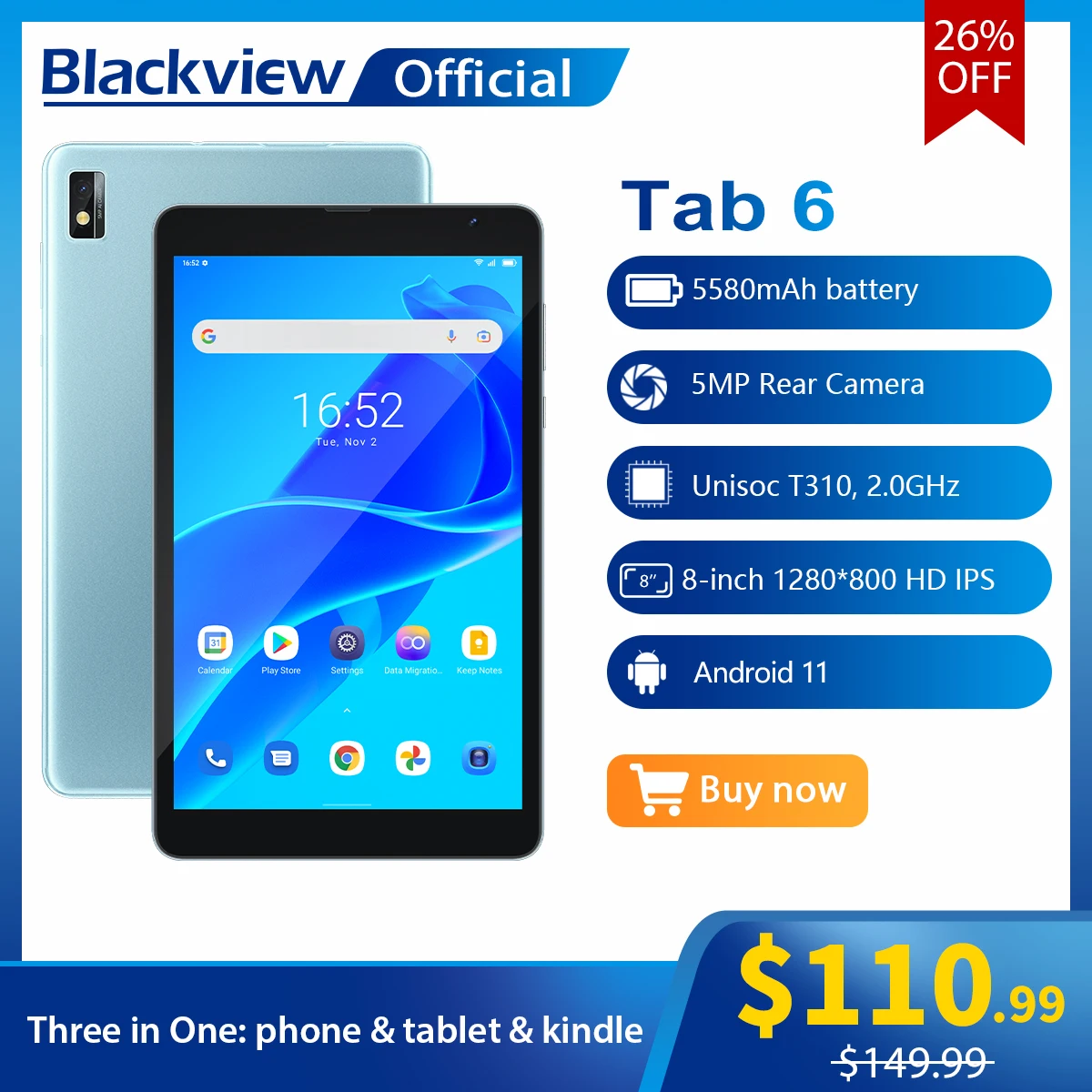 Blackview Tab6 タブレット WiFi 1280 32GB 800解 SIM 128GB 3GB 5580mAh大容量バッテリー