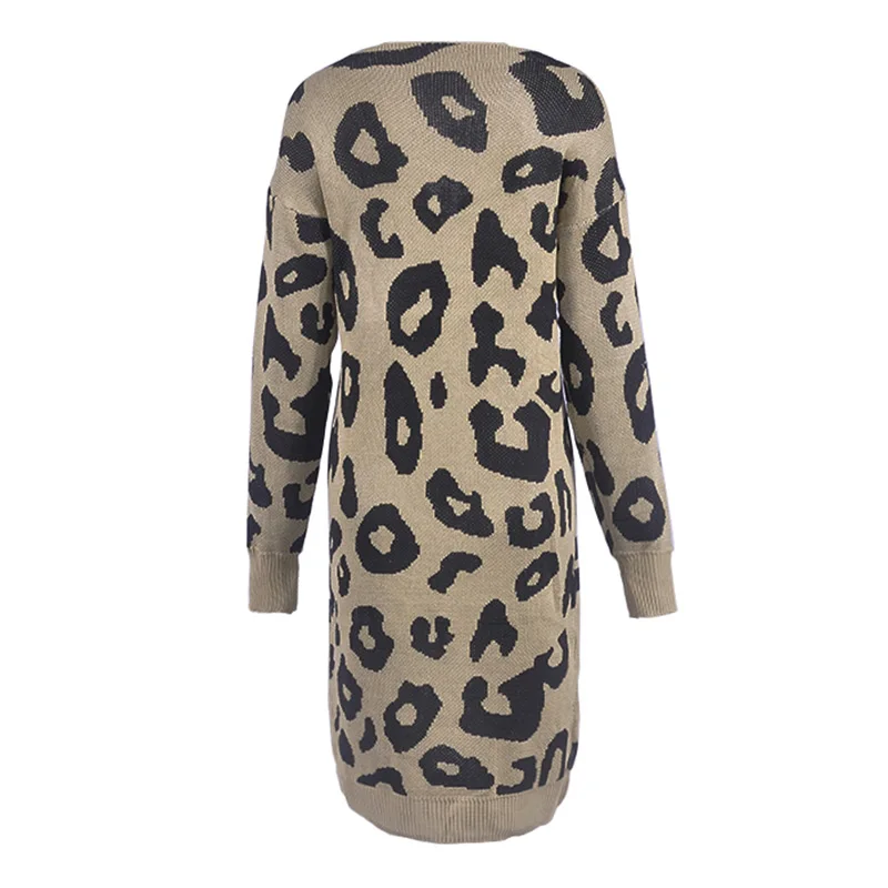 Women Long Knitted Sweater Leopard Print Long Sleeve Pocket Knitwear Outerwear Female Autumn Jumpers Tunics Long Cardigan