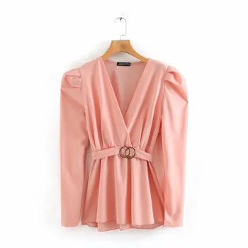 

2020 new Spring Summer European Solid Color V-neck Waist Hugging zaraing women Shirt sheining vadiming female shirt Dfp8635