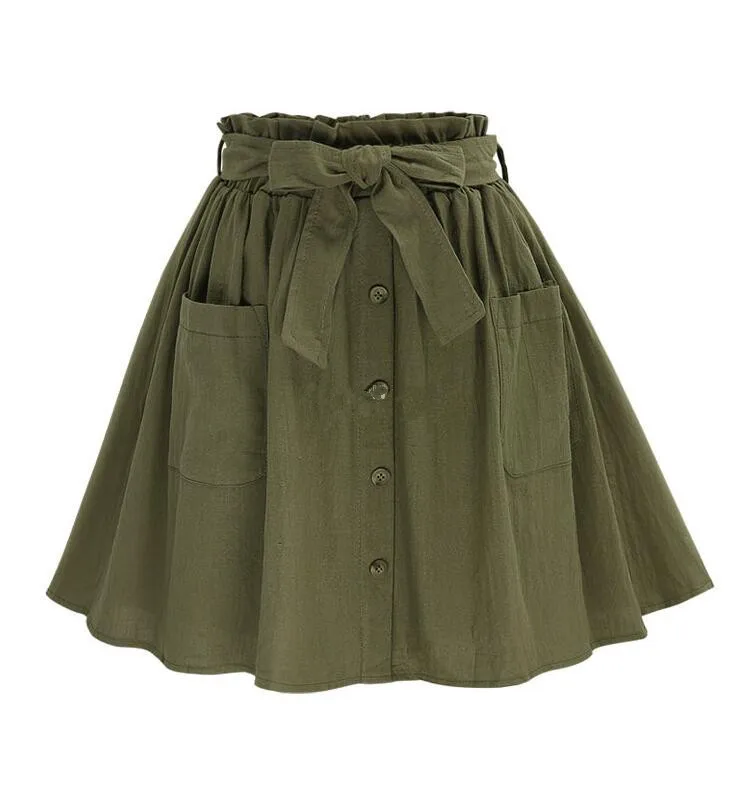 Высокая эластичность талии карман юбка женская армейский зеленый черный хлопок Новая летняя трапециевидная Повседневная плиссированная мини юбка женская одежда