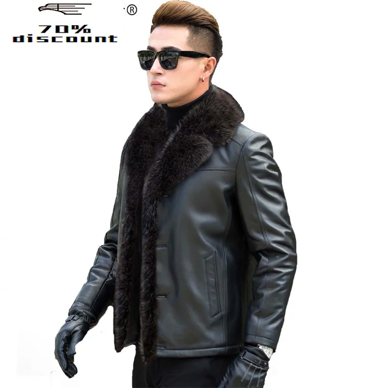 

Leather Jacket Men Real Raccoon Fur Collar Wool Liner Second Layer of Sheepskin Coat Men Leather Jackets