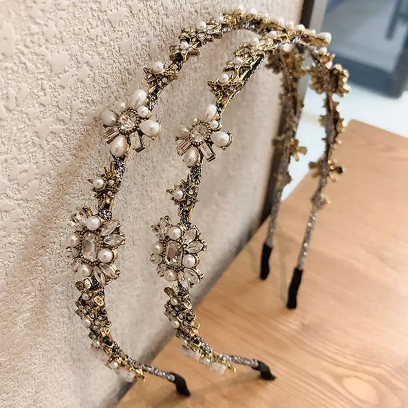 Retro Baroque Imitation Pearl Crystal Flower Star Hair Accessory Bridal Crown Headband Wedding Party Boutique Jewelry 5