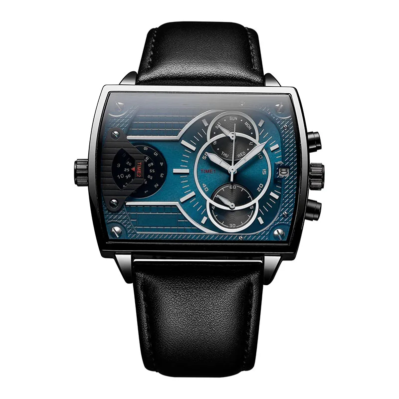 Мужские Роскошные Бизнес наручные часы индикатор второго часового пояса зоны большой циферблат человек водонепроницаемый кварцевые кожаный ремешок для часов повседневные спортивные часы - Цвет: Blue-B