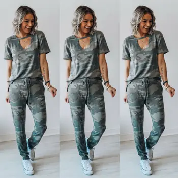

Women Sets 2PCS Casual Camouflage Print Tracksuit Set Sport Top Pant Sets Lady Outfits Short Sleeve Elastic Waist Tousers Pocket