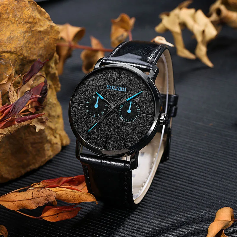 Casual Leather New Watch Blue Pointer Belt Quartz Fashion Mens Watch Yolako Male WriststWatch Clock Relogio Masculino